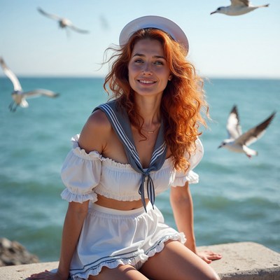 Redhead woman in sailor outfit with seagulls