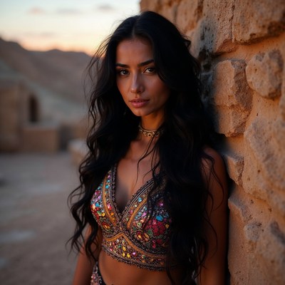 Woman in colorful top against desert wall