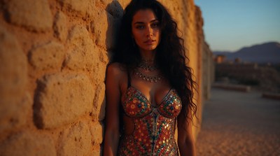 Woman in colorful dress against desert wall