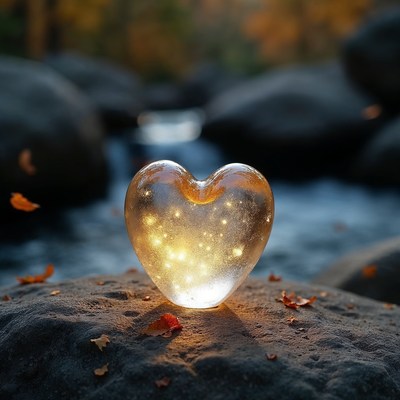 Glowing Heart on Autumn Stream Rocks