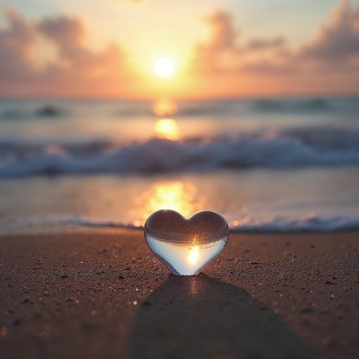 Glass Heart on Beach at Sunset