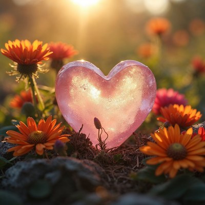 Pink Heart in Orange Daisies Sunset