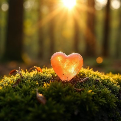 Glowing Heart on Moss in Forest