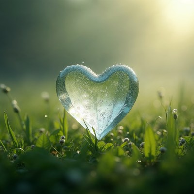 Crystal heart in dewy grass