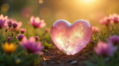Glowing Crystal Heart in Pink Flowers
