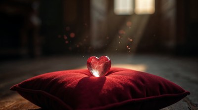 Red Crystal Heart on Red Pillow