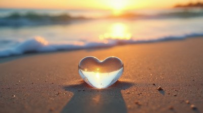 Glass Heart on Beach at Sunset