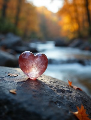 Pink glass heart on rocks by autumn stream