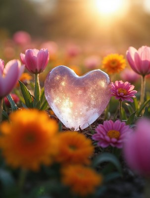 Crystal Heart in Tulip Field