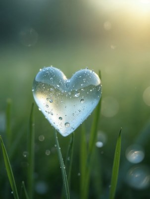 Dew-covered heart on grass