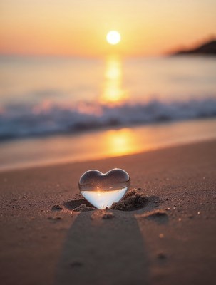 Heart-shaped glass on sunset beach