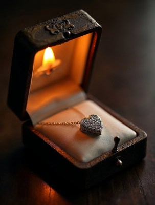 Heart Necklace in Open Candlelit Box