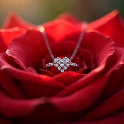 Heart Diamond Necklace on Red Rose