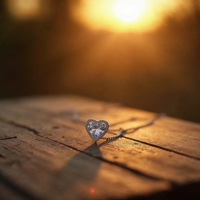 Heart Necklace on Wood at Sunset