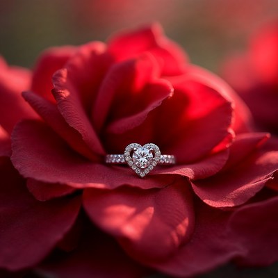 Heart Diamond Ring on Red Roses