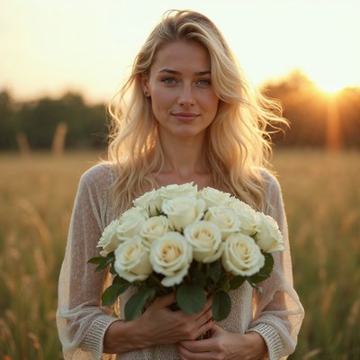 Blonde woman holding white roses