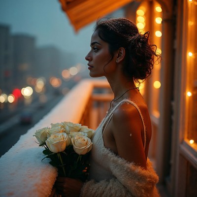 Woman holding white roses on snowy balcony