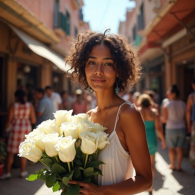 Woman holding white roses in sunny alley