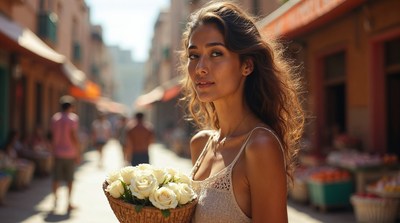 Woman holding white roses in market street