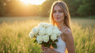 Woman holding white roses in field