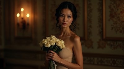 Asian woman holding white roses