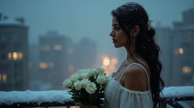 Woman holding white roses on snowy balcony