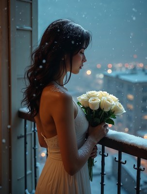Woman holding white roses on snowy balcony