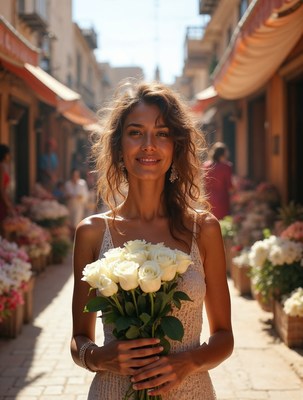 Woman holding white roses in market