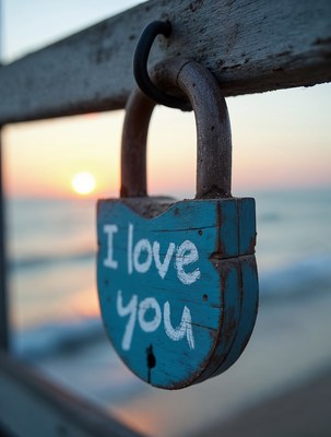 I Love You Lock on Beach Fence