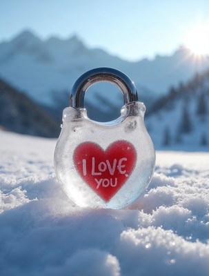 Icy 'I Love You' Padlock in Snowy Mountains