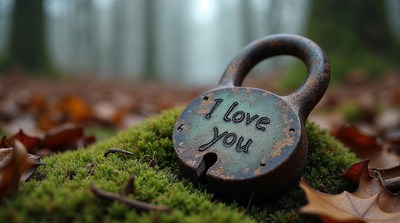 Rusty 'I Love You' Lock on Forest Moss