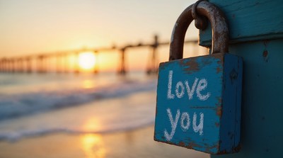 Love You padlock on pier at sunset