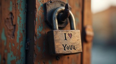 I Love You padlock on rustic door