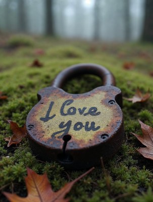 Rusty 'I Love You' Lock on Forest Moss