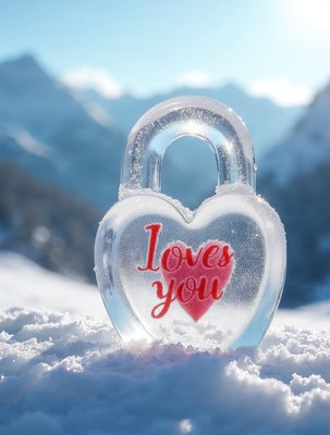 Ice heart lock 'Loves you' in snowy mountains