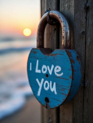 I Love You heart lock on pier