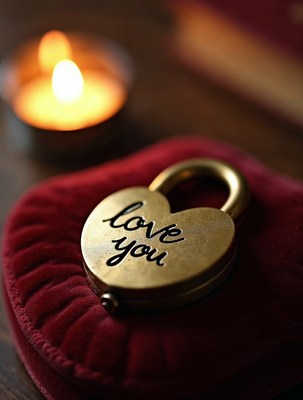 Golden 'Love You' Heart Lock on Red Velvet