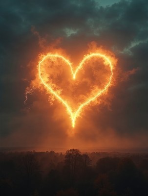 Fiery Heart in Stormy Sky