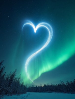 Heart-shaped Aurora Borealis over Snowy Forest