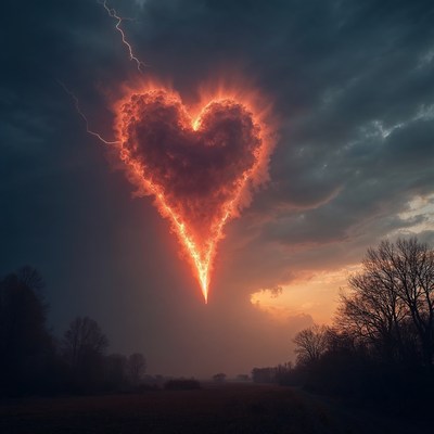 Fiery Lightning Heart in Stormy Sky