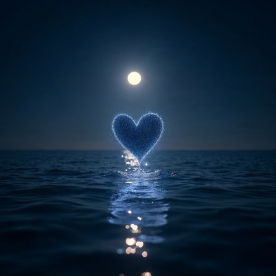 Glowing Blue Heart on Moonlit Ocean