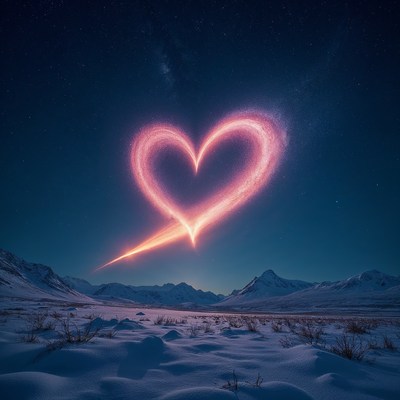 Glowing Pink Heart Over Snowy Mountains