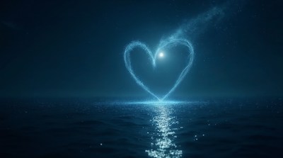 Glowing Heart Over Night Ocean