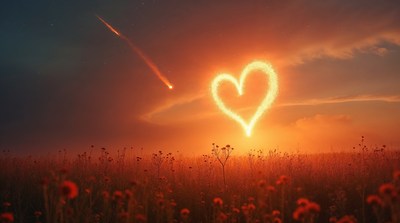 Glowing Heart Shooting Star Sunset Field