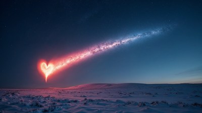 Heart-Shaped Shooting Star Over Snowy Landscape