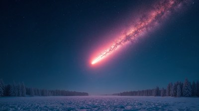 Pink Meteor Streaking Over Snowy Forest