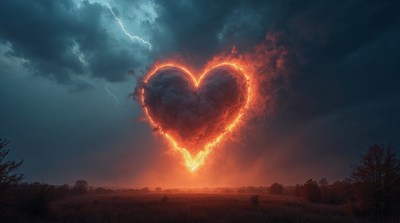 Fiery Heart in Stormy Sky