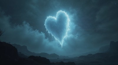 Glowing Blue Heart in Stormy Sky