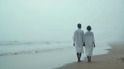 Couple holding hands on foggy beach