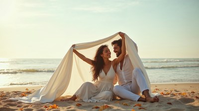 Couple holding white veil on beach